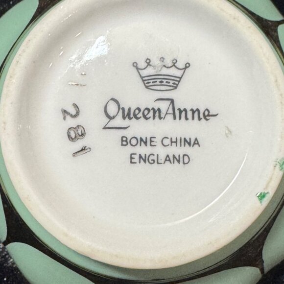 Vintage Queen Anne Bone China Creamer & Sugar Bowl Set Mint Green Floral Inside - Picture 6 of 8
